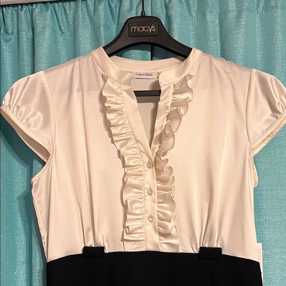 Calvin Klein Black and Cream Ruffle Mini Dress - Picture 1 of 10